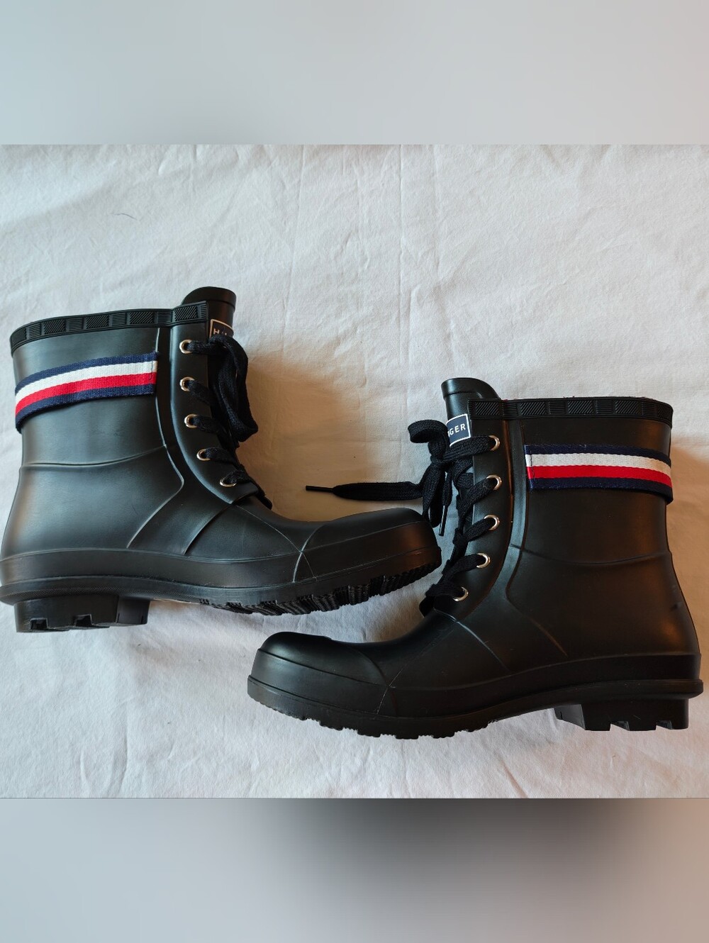 Tommy Hilfiger Black Ankle Rain Boots with Red-White-Blue Stripe